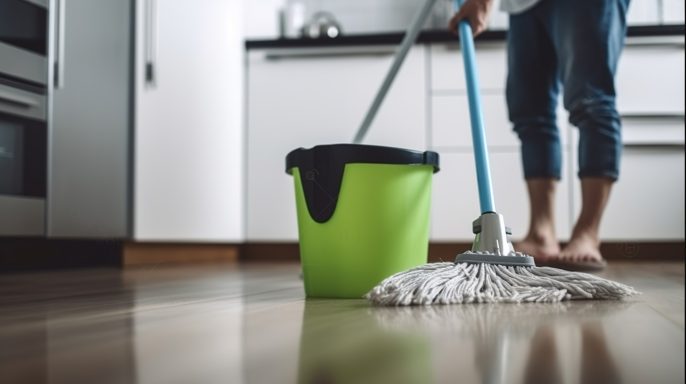 Eine Person wischt den Boden mit einem Mopp und einem grünen Eimer in einer Küche.